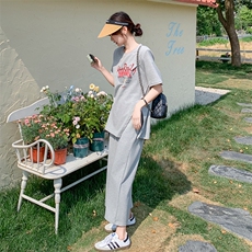 灰色休闲T恤半身裙套装女2025夏新款减龄韩系时尚洋气长裙两件套，女装套装/套裙，2C095