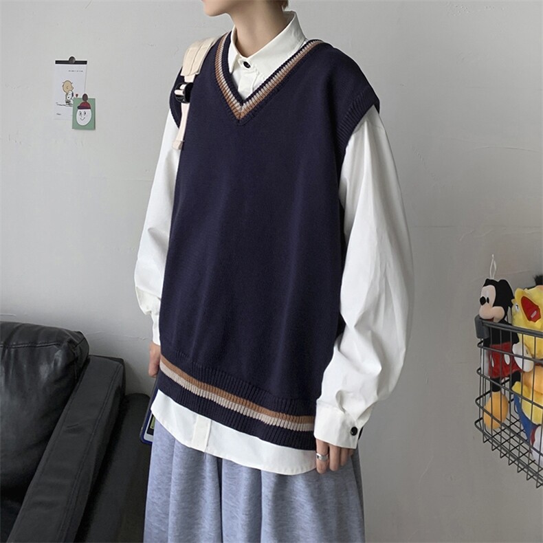 秋装毛衣针织马甲男秋冬v领学院风宽松休闲情侣无袖背心W09/P55，男装针织衫/毛衣，钱塘713