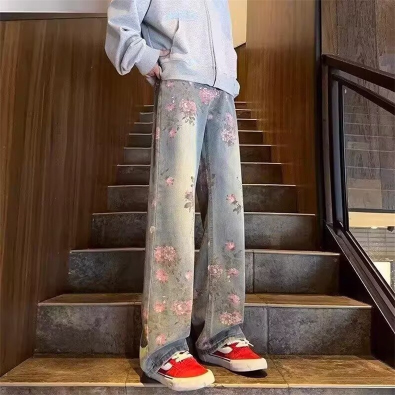 Gk882-P44满印玫瑰花朵牛仔裤男款春季美式复古裤子慵懒风,男装牛仔裤,电商B323A