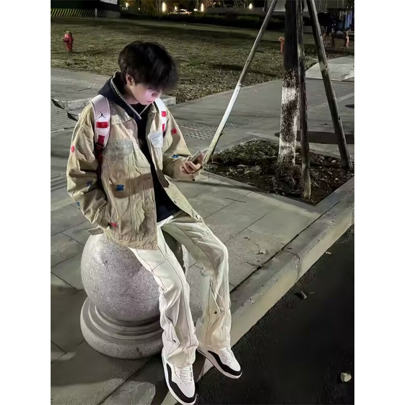 黄泥色牛仔外套男秋季水洗做旧夹克春秋款美式hiphop复古潮牌上衣,男装工装外套,四季星座505