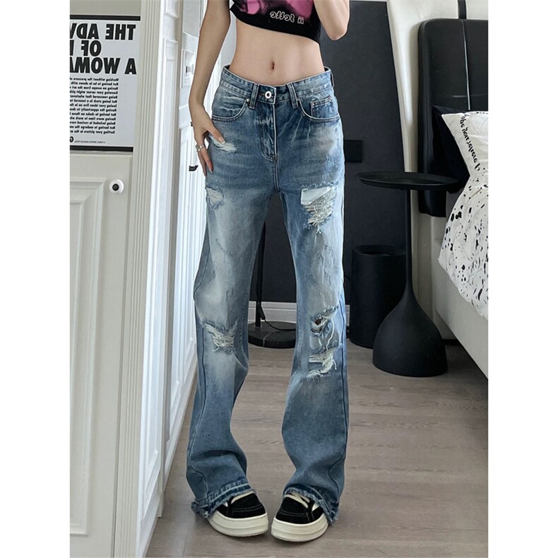 网图有货夏季美式复古水洗蓝色微喇破洞宽松牛仔裤男女A645-P45，男装牛仔裤，星座1505