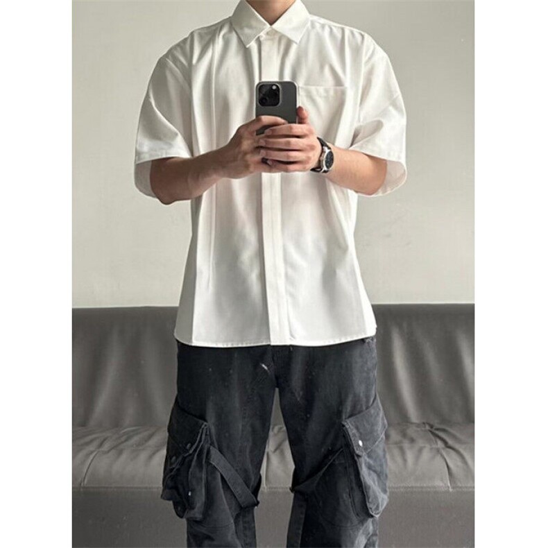 夏季宽松抗皱解构短袖衬衫男士冰丝垂感黑白衬衣翻领上衣C1901,男装T恤,星座1116A（原606A-3）