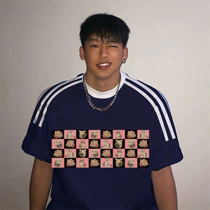 夏季美式高街重磅纯棉三条杠织带撞色男女短袖T恤ZD397-特P30图片