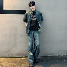 韩版简约破洞牛仔短袖夹克套装5520-套装P120上衣P65裤子P55，男装T恤，星座910-5
