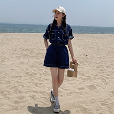 现货~！夏季薄款深蓝牛仔短袖短裤两件套套装女，女装套装/套裙，辉之琳
