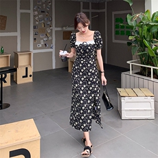 黑色方领花边碎花连衣裙女2023夏新款法式茶歇高级感收腰显瘦长裙，女装连衣裙，2C037