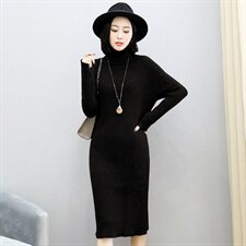 连衣裙纯色时尚宽松舒适纯色高领2020年冬季长袖长裙，女装连衣裙，安之芮娜