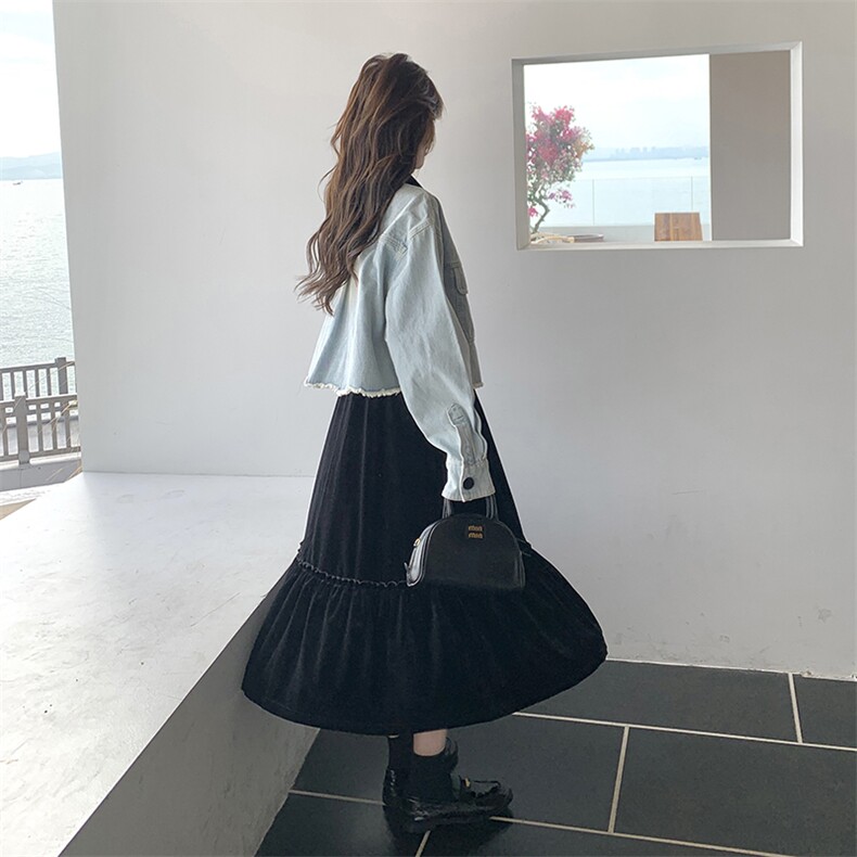 丝绒拼接蝴蝶结翻领牛仔外套女2025春秋季新款小个子显瘦别致上衣,女装连衣裙,2C198