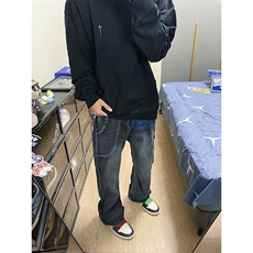 B221美式ins高街暗黑小众个性拼接直筒牛仔裤LK23141-P65控88，男装牛仔裤，电商B221