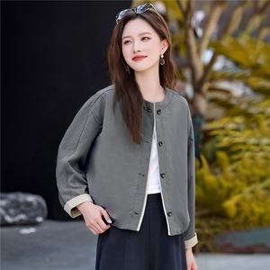 简约百搭超好看圆领短款外套女2025秋季新款宽松显瘦休闲夹克上衣图片