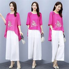 2021夏季新款简约气质圆领复古盘扣装饰时尚图案刺绣棉麻两件套，女装套装/套裙，韩宇舍