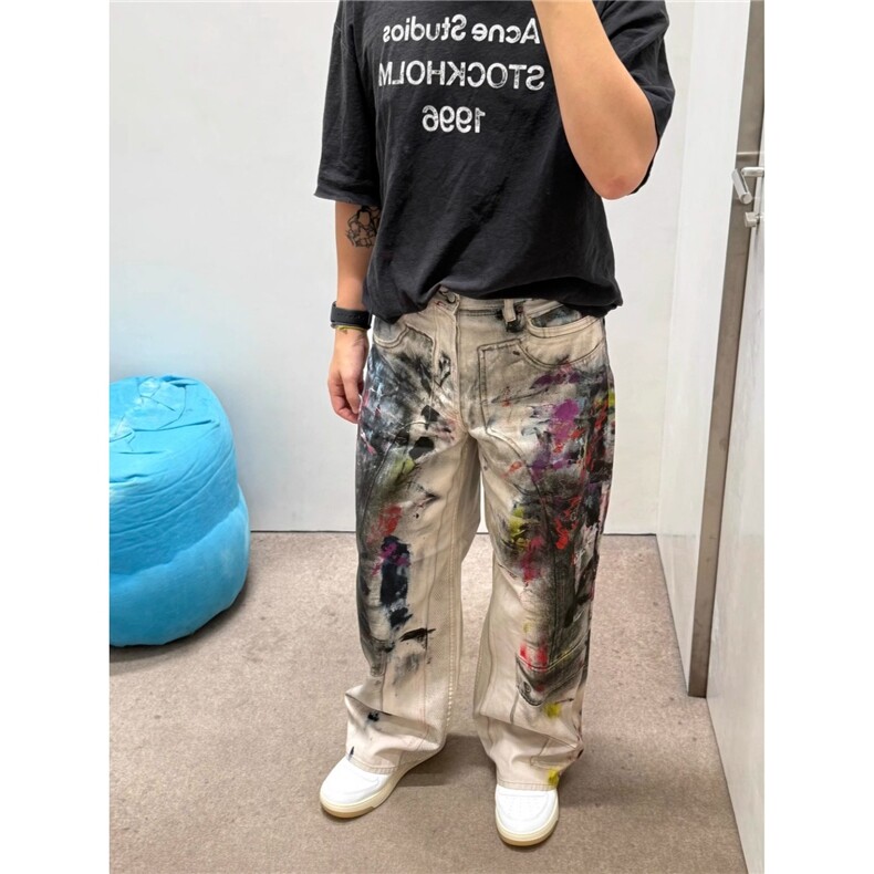 3D打印扎染涂鸦肮脏风休闲直筒牛仔裤男女同款长裤,男装牛仔裤,星座506A