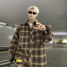 港风大码美式复古贴标格子翻领长袖衬衫男XZ213-CS8805-P55控68，男装衬衫，星座213