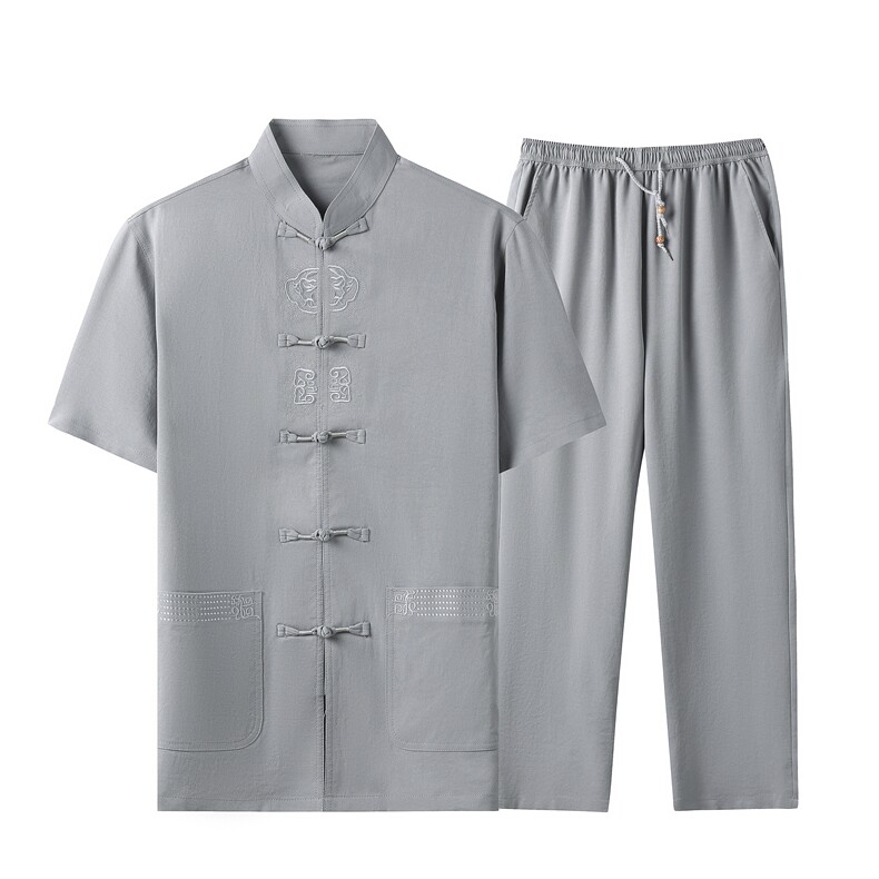 2022新款唐装中老年短袖套装夏装男装风汉服爷爷装短袖套装，男装中老年男装，钱塘723