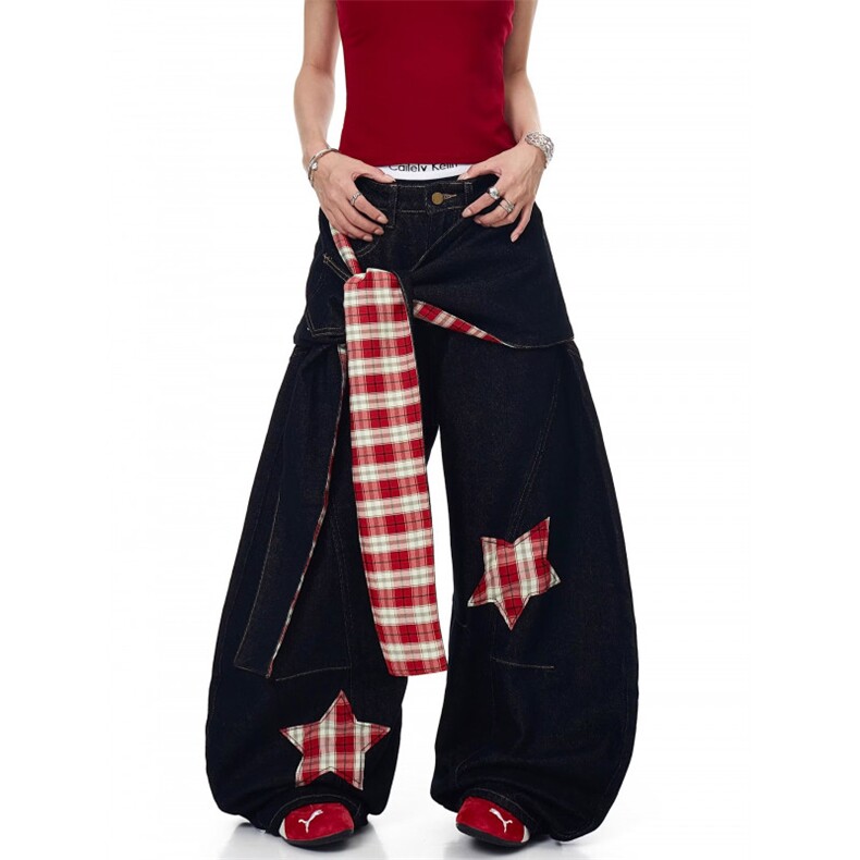 W10367-P75自家图现货复古格子拼接阔腿牛仔裤宽松直筒垂感长裤，男装牛仔裤，星座1608