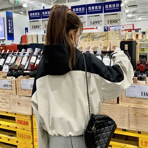 拼色连帽黑色工装外套女2024年春秋新款韩版设计感小个子夹克上衣图片