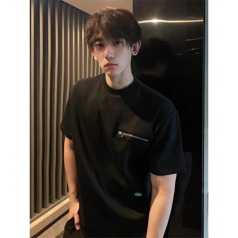 黑色美式cleanfit拉链短袖男生夏t恤小领口潮牌高街boxy硬挺半袖,男装T恤,星座505-2（原电商A260-1)