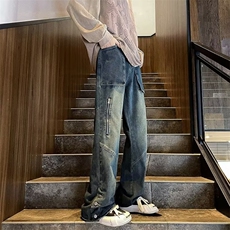 美式高街牛仔裤男韩版潮口袋裤脚开衩2024秋冬ins长裤RK1175-P51，男装牛仔裤，星座412-3