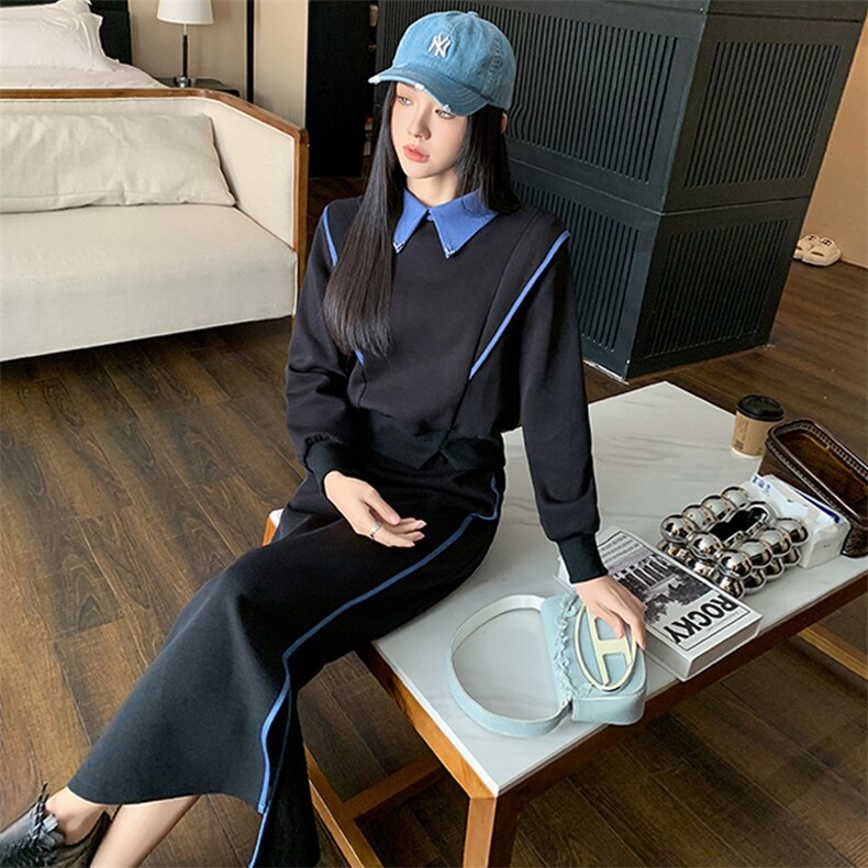 女春季撞色拼接收腰卫衣开叉半身裙两件套,女装套装/套裙,江南