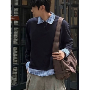 格子撞色假两件设计伯爵先生男装春新款宽松衬衫领套对卫衣 WY502图片
