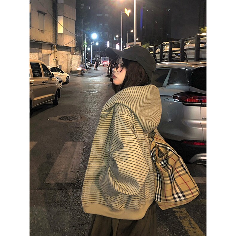 [网图]加绒开衫连帽卫衣美式复古条纹短款外套5D1202-TP65118,女装短外套,电商A102