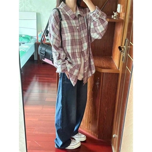 超显白韩系小众设计感格纹长袖宽松衬衫女春秋潮牌休闲衬衣 CA161图片