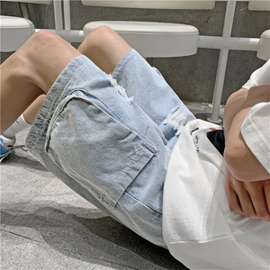 夏季男士牛仔短裤韩版宽松超火破洞直筒裤子bf港风中裤N06653-P40图片