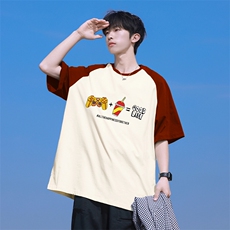 抖音得物高品质二开240克宽松纯棉美式潮牌插肩袖拼接短袖T恤，男装T恤，电商A486-1