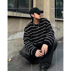 复古条纹毛衣男新款秋冬鹿毛水貂绒百搭休闲针织衫上衣 MY78图片