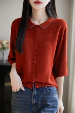 春秋装开衫女POLO翻领针织衫外套外搭宽松，女装针织衫/毛衣，暖烁特种纱工厂店
