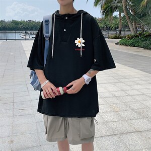LD54059-P45 连帽短袖t恤男大码胖子带帽五分袖中袖图片