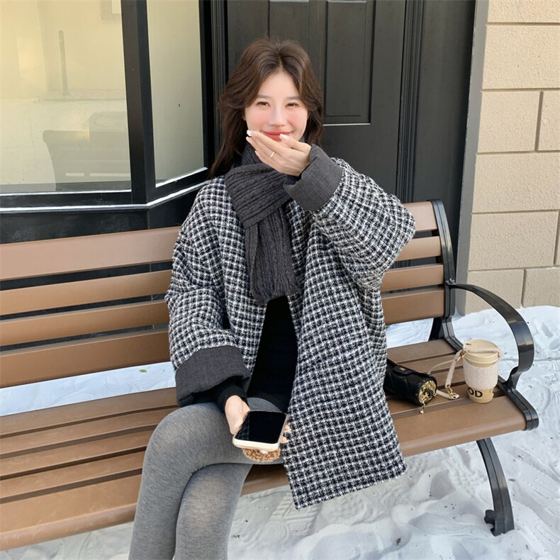 韩版通勤复古千鸟格编织中长款羽绒服女+围巾2025冬季氛围感外套，女装羽绒服，艾米莉亚