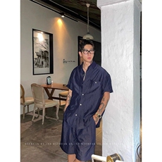 激光蓝色冰丝套装男款夏季老钱风轻奢短袖衬衫短裤度假休闲两件套，男装T恤，星座1004（原星座815-3）