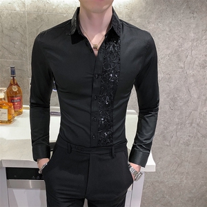 20秋男衬衫英伦长袖蕾丝拼接上衣韩版修身四季纯色衬衣男C288-P55图片