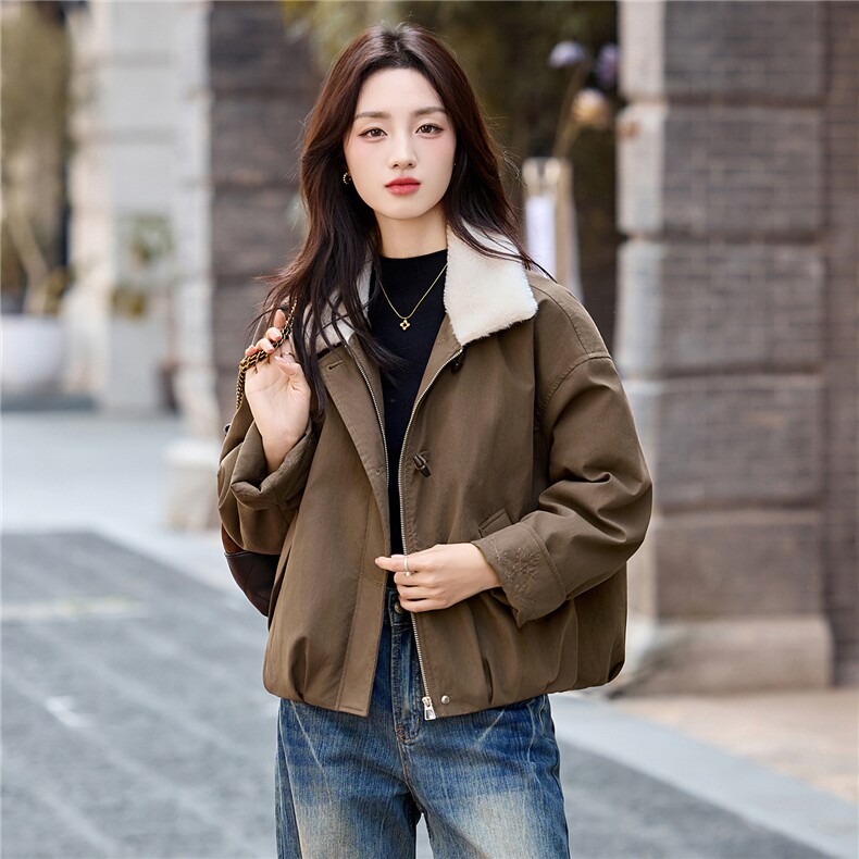 秋冬夹棉外套女2025新款绝美巨好看的韩系休闲短款chic毛领派克服,女装派克服,依如秀(原杭风阁)
