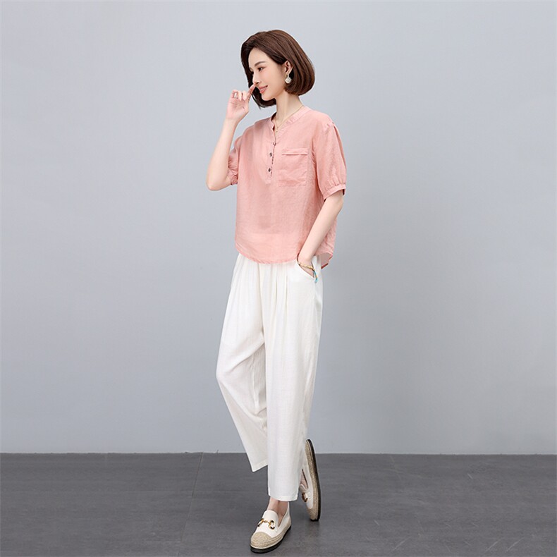 薄款棉麻休闲套装女夏季2025新款中年妈妈时尚洋气亚麻衬衫两件套,女装套装/套裙,凝聚力