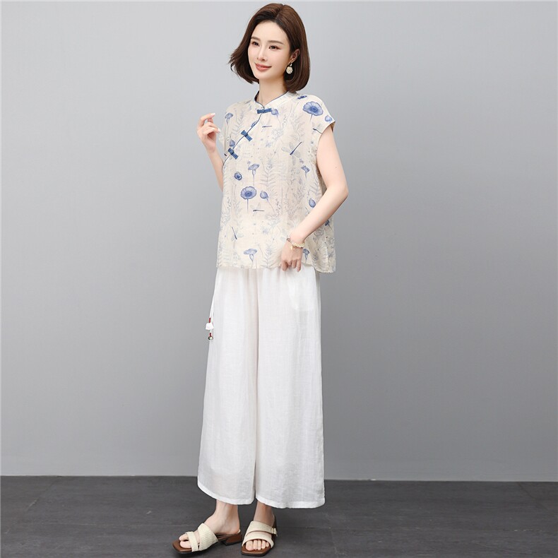时尚夏季薄款2026新款苎麻大方得体低圆领刺绣优雅范上衣,女装套装/套裙,江忆布依