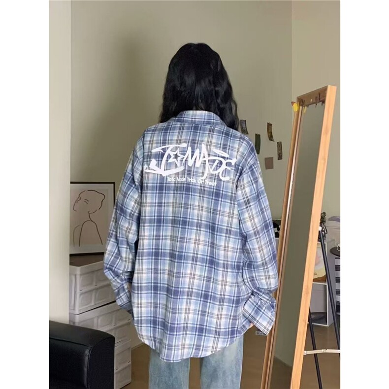 美式复古字母印花格子衬衫女秋季防晒潮牌长袖大码衬衣外套上衣,男装防晒衣,星座1210-1