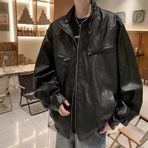 皮衣外套男春秋季美式高街痞帅风立领工装机车皮夹克8101P72