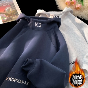 加绒加厚冬款男女连帽卫衣字母刺绣保暖休闲外套WY096 P50图片