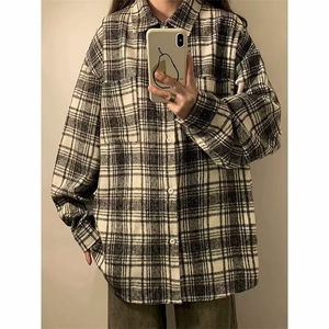 美式高街拼色设计感复古格子长袖衬衫秋季男女宽松潮流帅气外套男图片