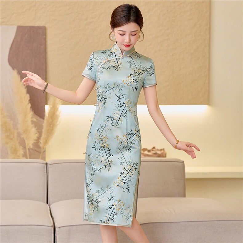 杭州品质真丝中长裙考试专用节节高女春夏日常修身潮流真丝旗袍,女装汉服/婚纱/旗袍/礼服,小荷流