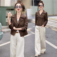 秋季新款皮衣外套女小个子短款机车服时尚气质西装领PU皮夹克上衣，女装皮衣，魅丽静蓝