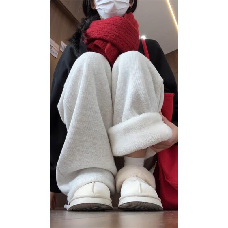 保暖抗寒棉裤男秋冬白花灰加绒加厚阔腿裤羊羔绒运动卫裤图片