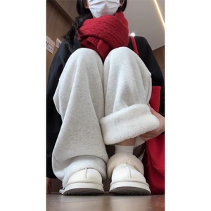 保暖抗寒棉裤男秋冬白花灰加绒加厚阔腿裤羊羔绒运动卫裤图片