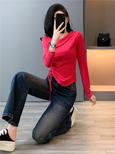 盐系穿搭休闲时尚套装女春款不规则斜肩抽绳长袖上衣牛仔裤两件套图片