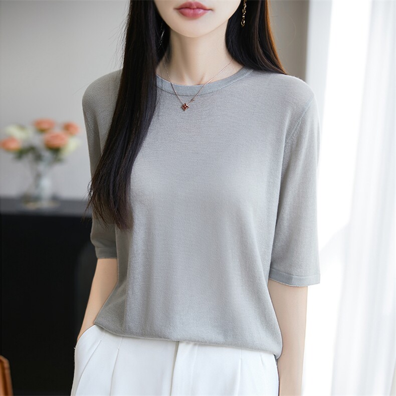 精纺羊毛薄款五分袖针织衫女T恤2025新款宽松显瘦半袖打底上衣t恤,针织衫/毛衣,暖烁羊绒