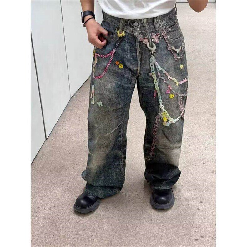 美式糖果链条裤辣妹数码印花牛仔裤男女直筒拖地长裤LN70166-P54,男装牛仔裤,星座1008