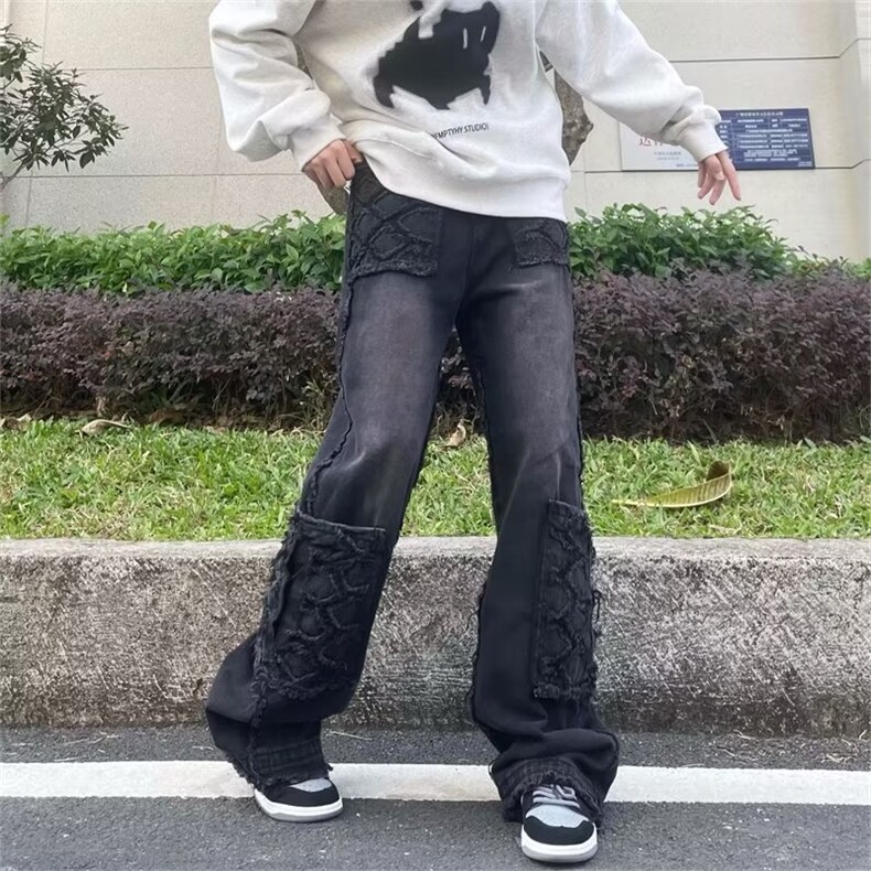 美式复古多口袋牛仔裤男女直筒宽松休闲长裤欧美高街潮牌裤P69,男装牛仔裤,四季星座218-1