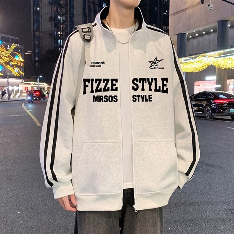 H211P55加绒65美式重磅卫新款立领拉链开衫运动外套休闲上衣图片